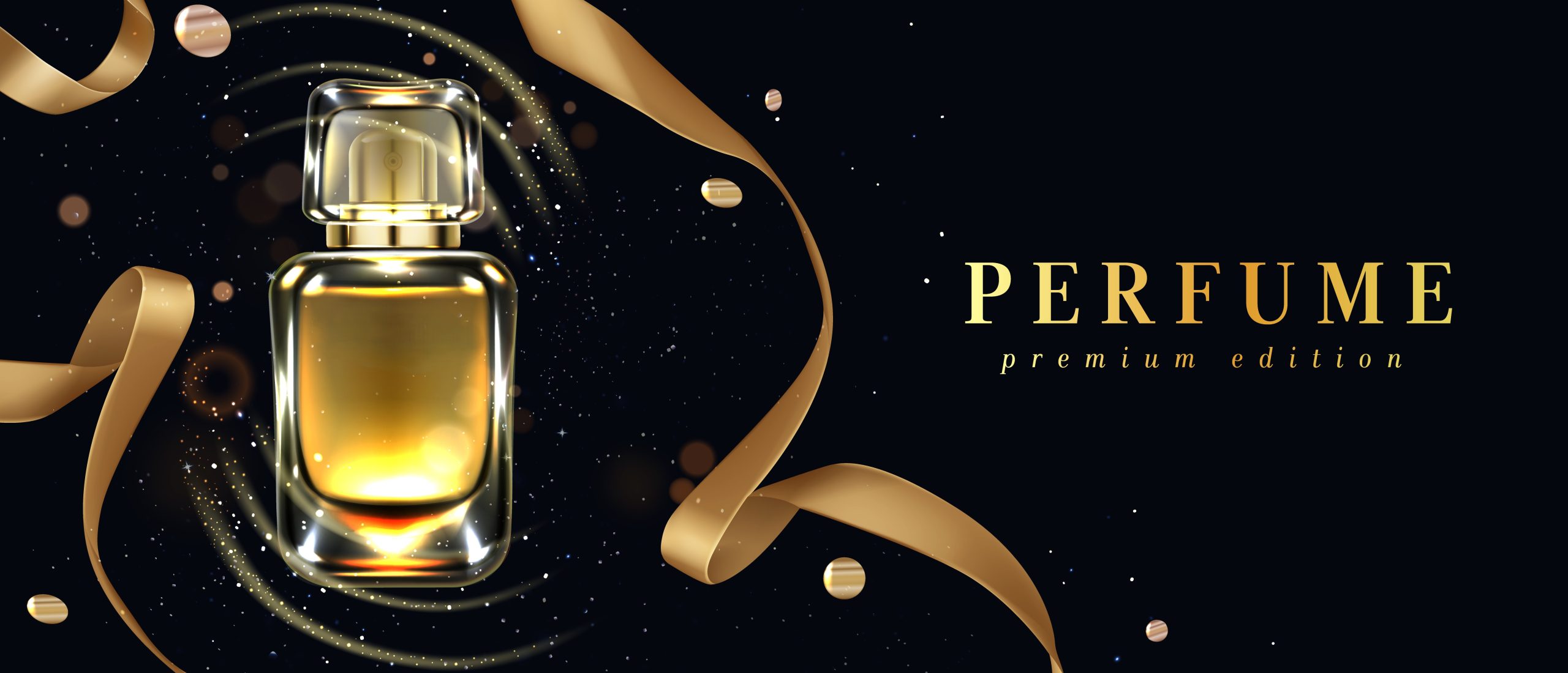 Perfume bottle with gold ribbons on black background with confetti and glowing sparkles. Scent glass tube package design. Women fragrance cosmetic product, promo poster. Realistic 3d vector ad banner